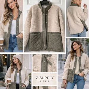 Z Supply Cannon Quilted Sherpa Jacket Dusty Olive Small Cozy Fleece Snap Front